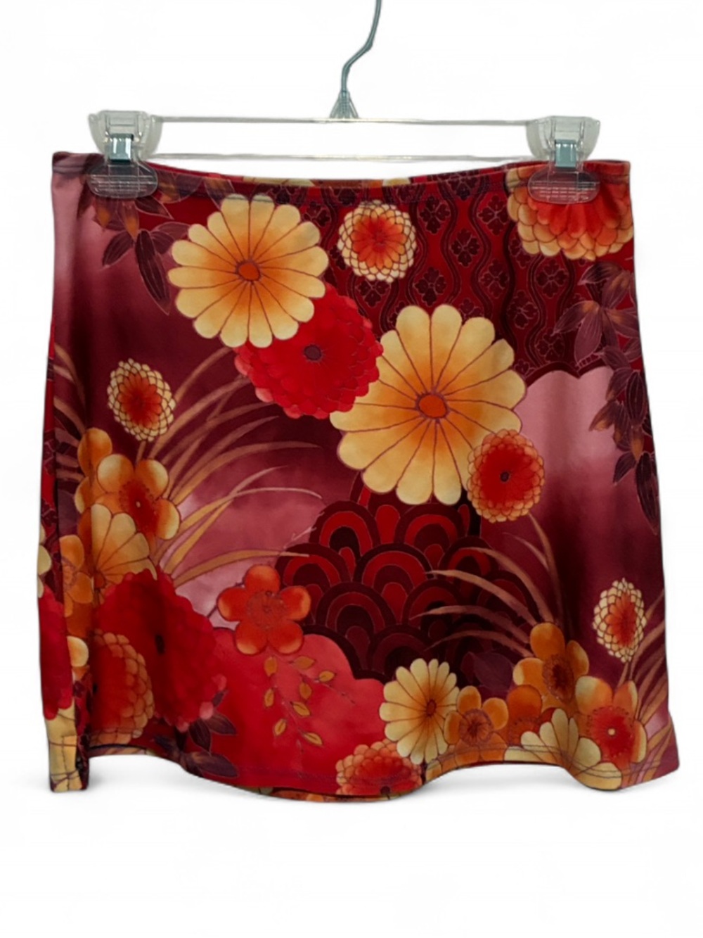 Y2K July Five Floral Satin Mini Skirt in Red and Yellow